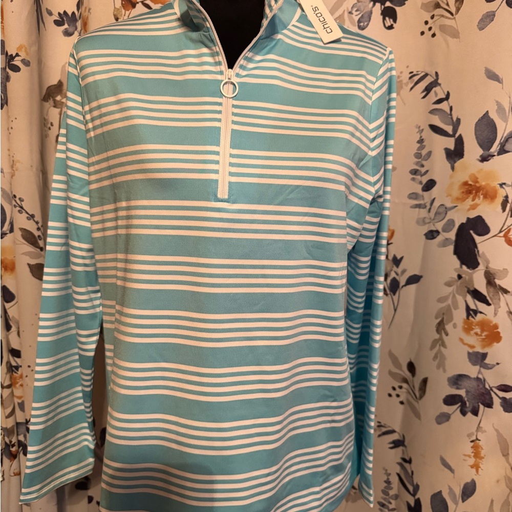 Chico's Aqua and White Striped Top Size Large